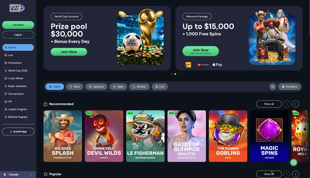 LuckyWins casino website